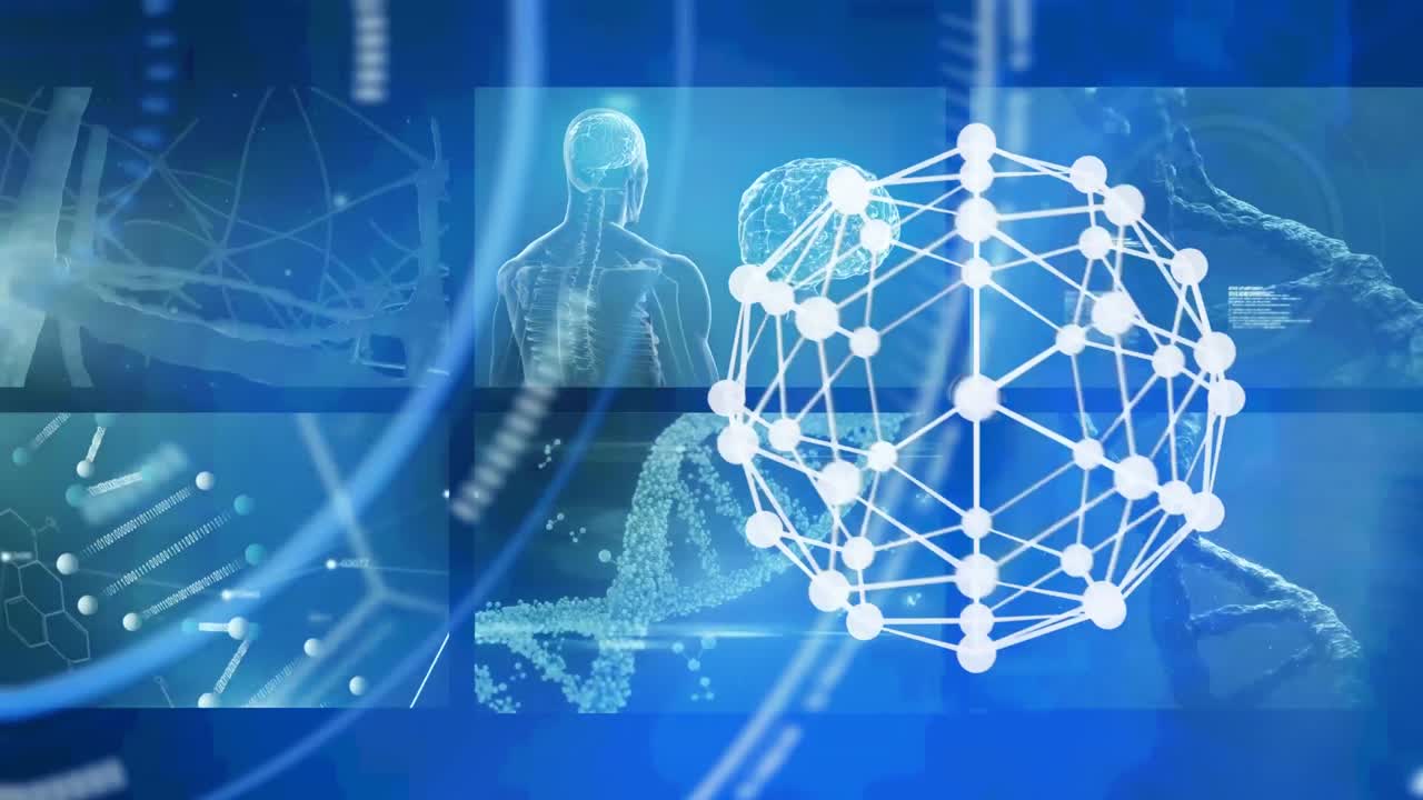 블루 배경의 의료 데이터 처리에 대항하여 회전하는 연결 네트워크의 세계