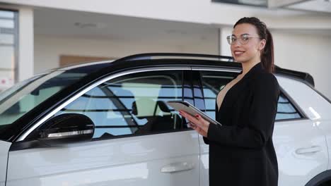 Handsome Car Dealership Female Worker in Suit is Holding a Folder and Smiling While Standing Near. Handsome car dealership female worker in suit is holding a folder and smiling while standing near the car. High quality footage