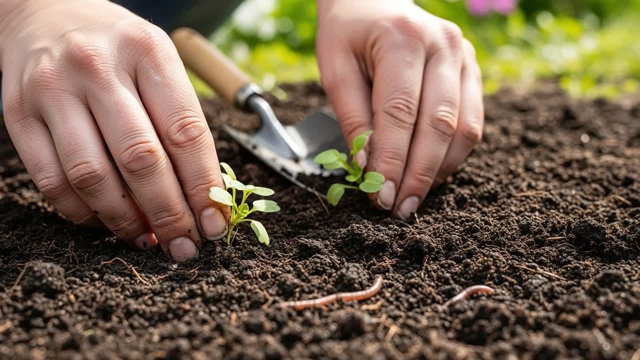 Hands Planting Seedlings in Rich Soil with Trowel, Fostering Growth in a Vibrant Garden Environment Filled with Earthworms and Lush Greenery