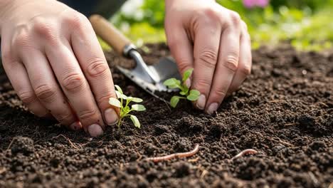 hands planting seedlings in rich soil with trowel, fostering growth in a vibrant garden environment filled with earthworms and lush greenery