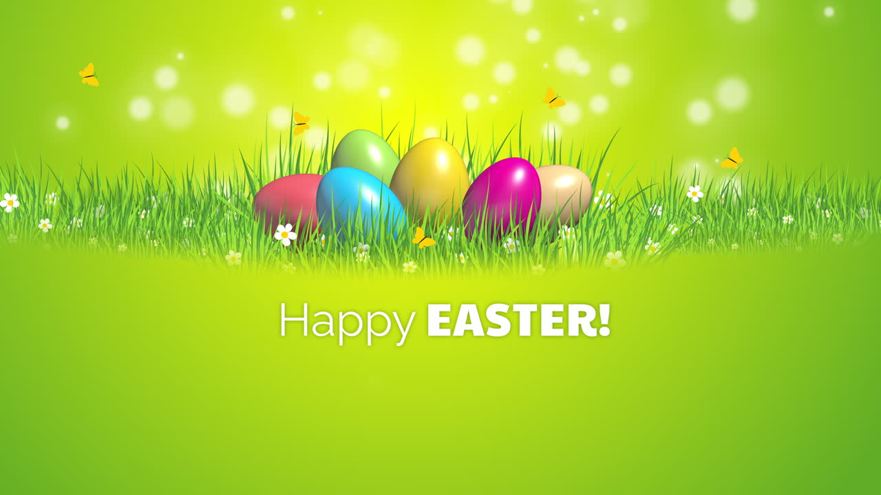 Colorful painted Easter eggs on green grass with flowers and butterflies. Green spring animated background. Loop video.