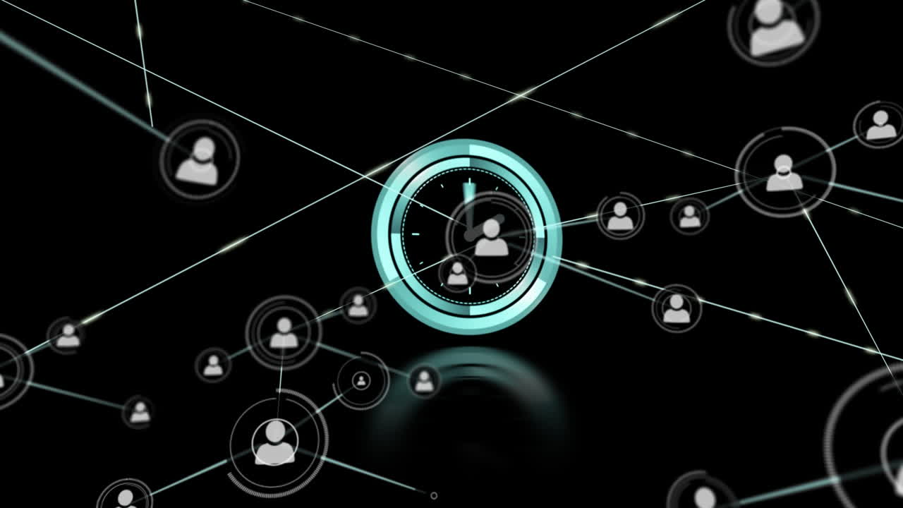 animación de la red de conexiones con iconos sobre un reloj en movimiento sobre fondo negro