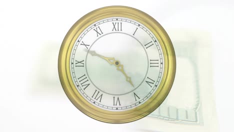 animation of clock ticking over american dollar currency banknote