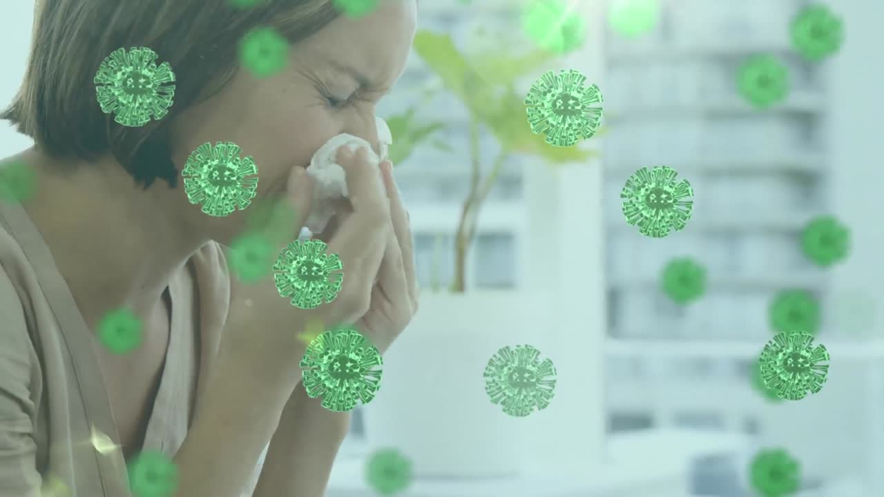 mujer caucásica soplando la nariz sobre el coronavirus células covid19 flotando