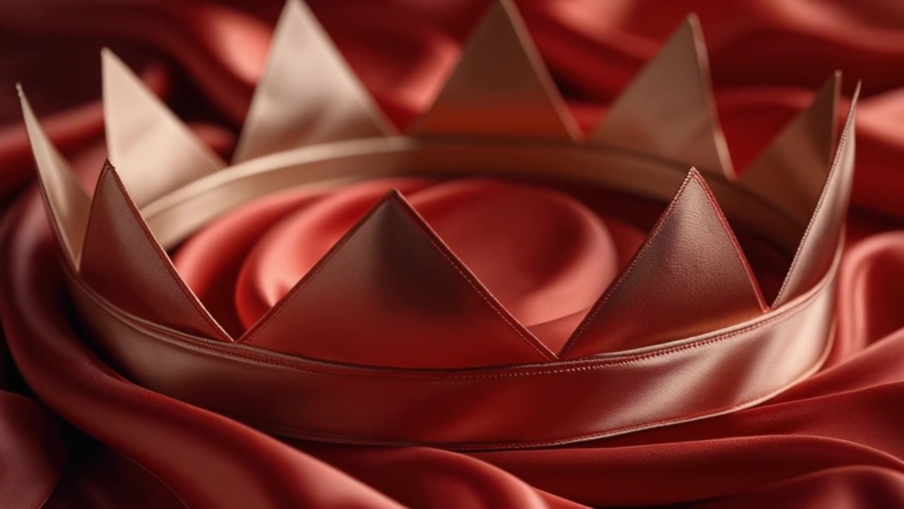 Golden Crown Resting on Luxurious Red Silk Fabric