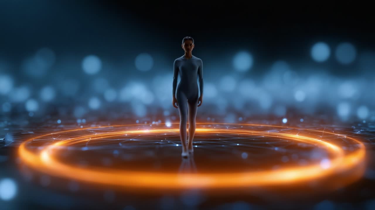 A solitary figure stands confidently within a luminous circular glow, surrounded by a tranquil atmosphere filled with shimmering lights and a sense of mystery