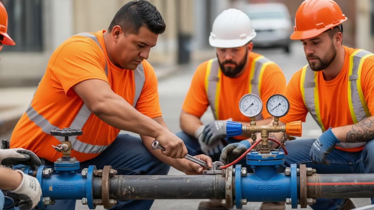 Skilled Workers Collaborating on Water Pipeline Maintenance in Urban Environment, Ensuring Functionality and Safety of Essential Infrastructure