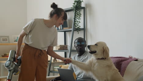 feliz pareja multiétnica acariciando al perro en el sofá en casa