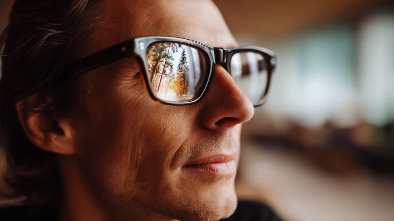 A Thoughtful Man with Glasses Reflecting a Beautiful Natural Landscape in His Lenses, Capturing the Serenity of Nature and the Depth of Contemplation