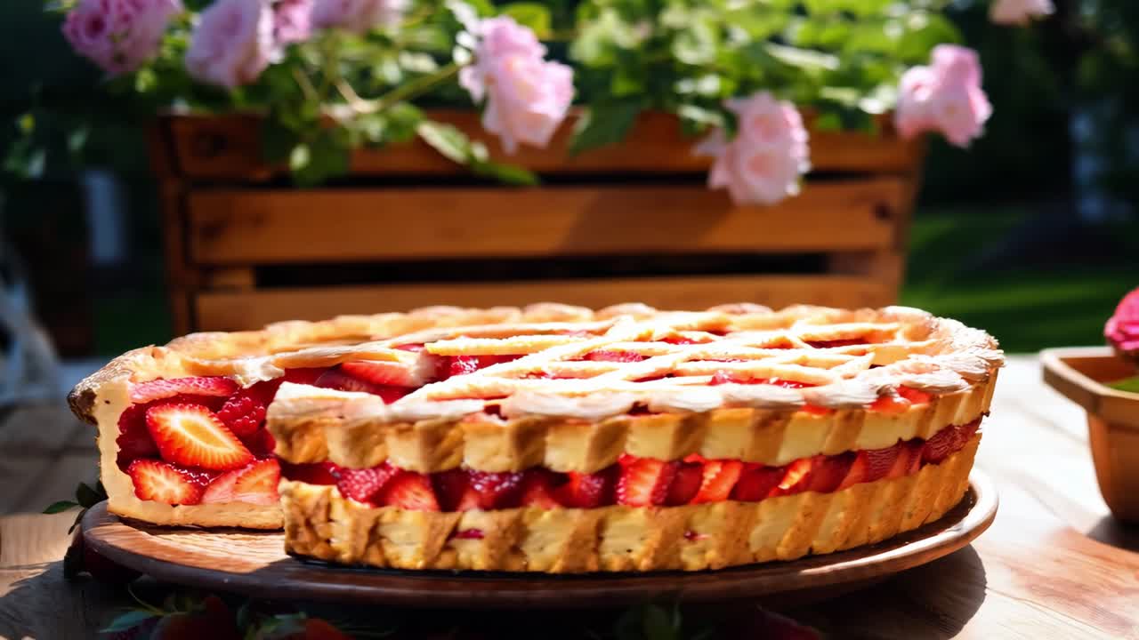 Rustic strawberry pie spinning on weathered wooden surface, surrounded by vintage wooden crate and soft pink blossoms, showcasing homemade baking artistry and summer freshness
