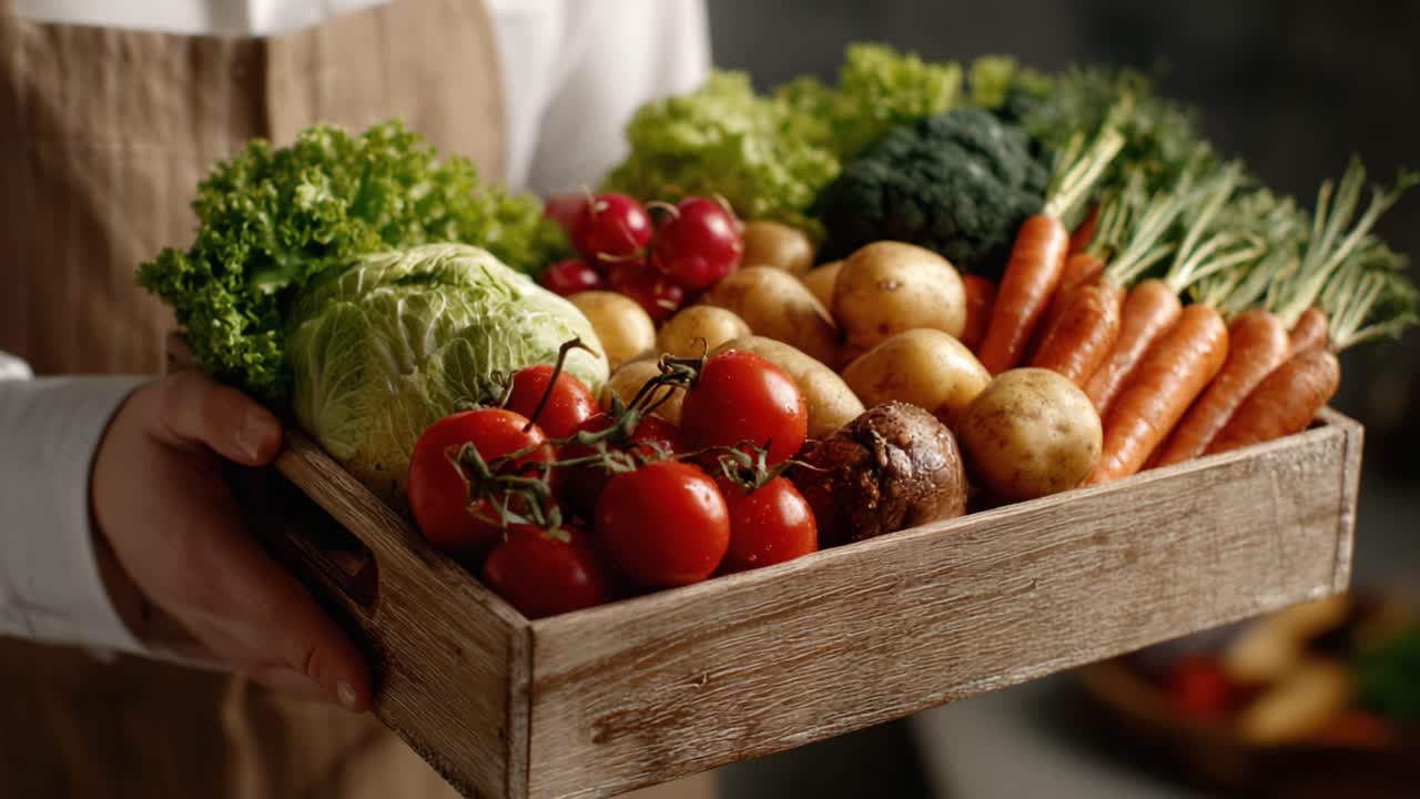 A Bounty of Fresh Vegetables and Produce Displayed in a Rustic Wooden Crate, Highlighting the Vibrant Colors and Textures of Nature’s Harvest