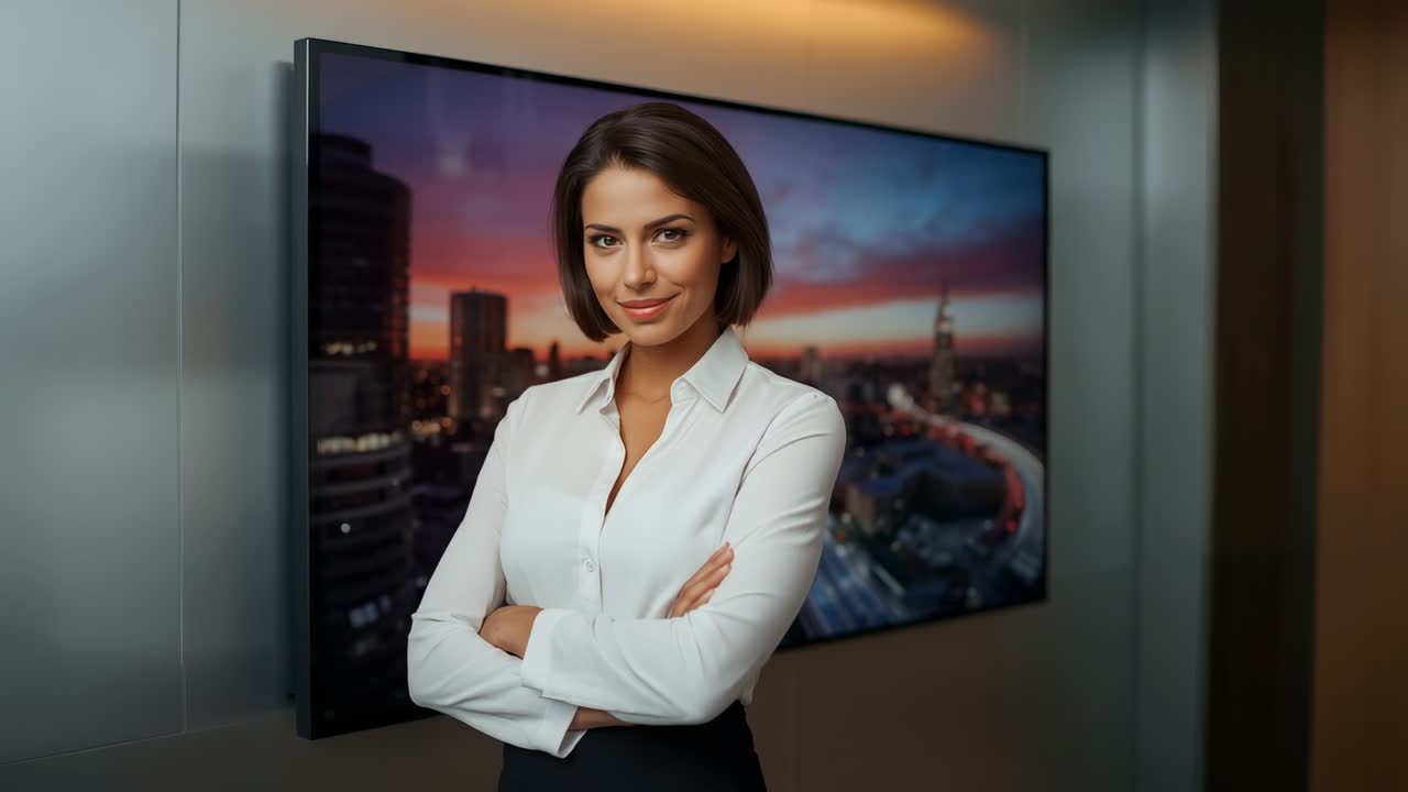 Smiling presenter wearing suit shifting to confident smile at start in studio, with skyline screen