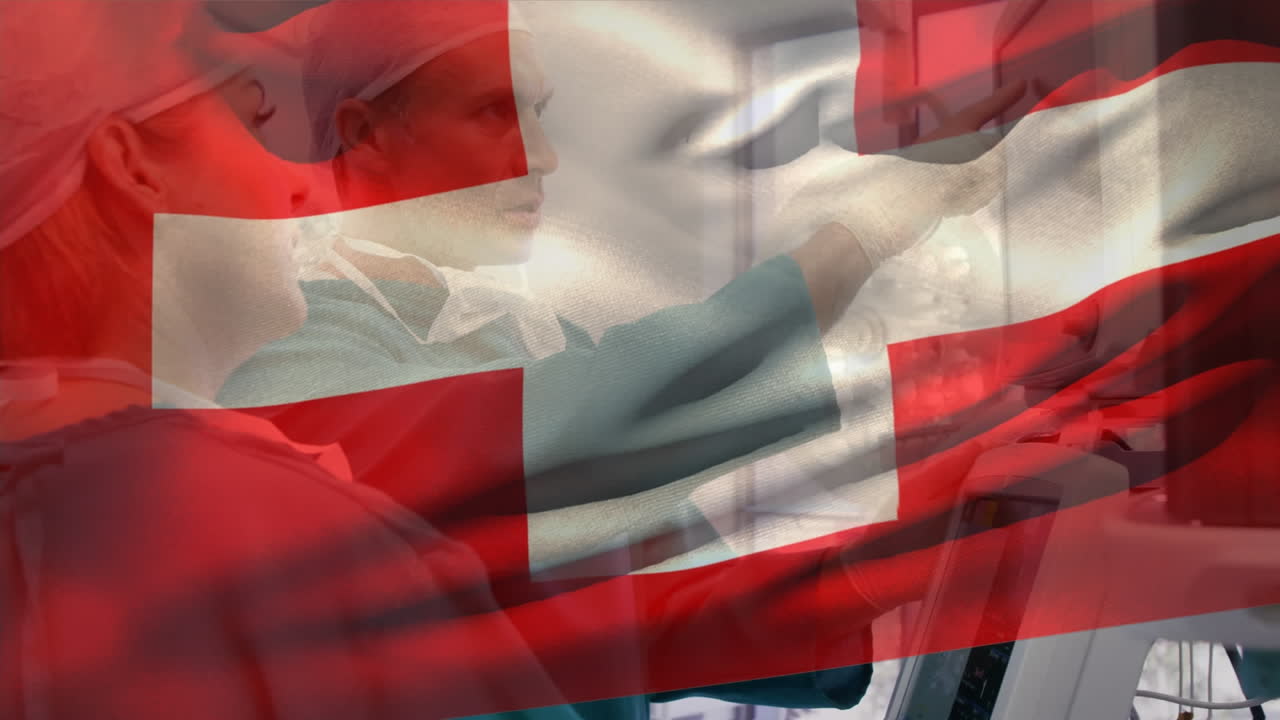 스위스 발의 애니메이션, 다양한 남성 외과 의사가 여성 외과 의사에게 기계를 설명합니다.