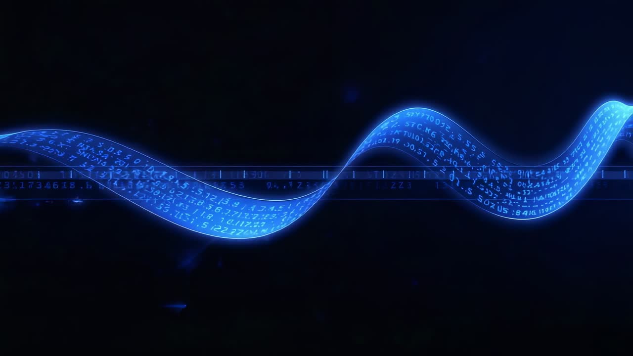 Waving blue data ribbon moving across dark field with data bar as frames advance, showing code