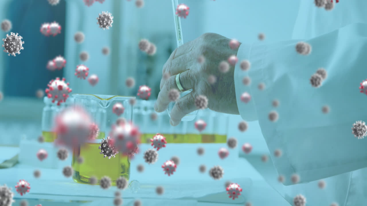 실험실에서 백인 의사에 대한 바이러스 세포의 애니메이션