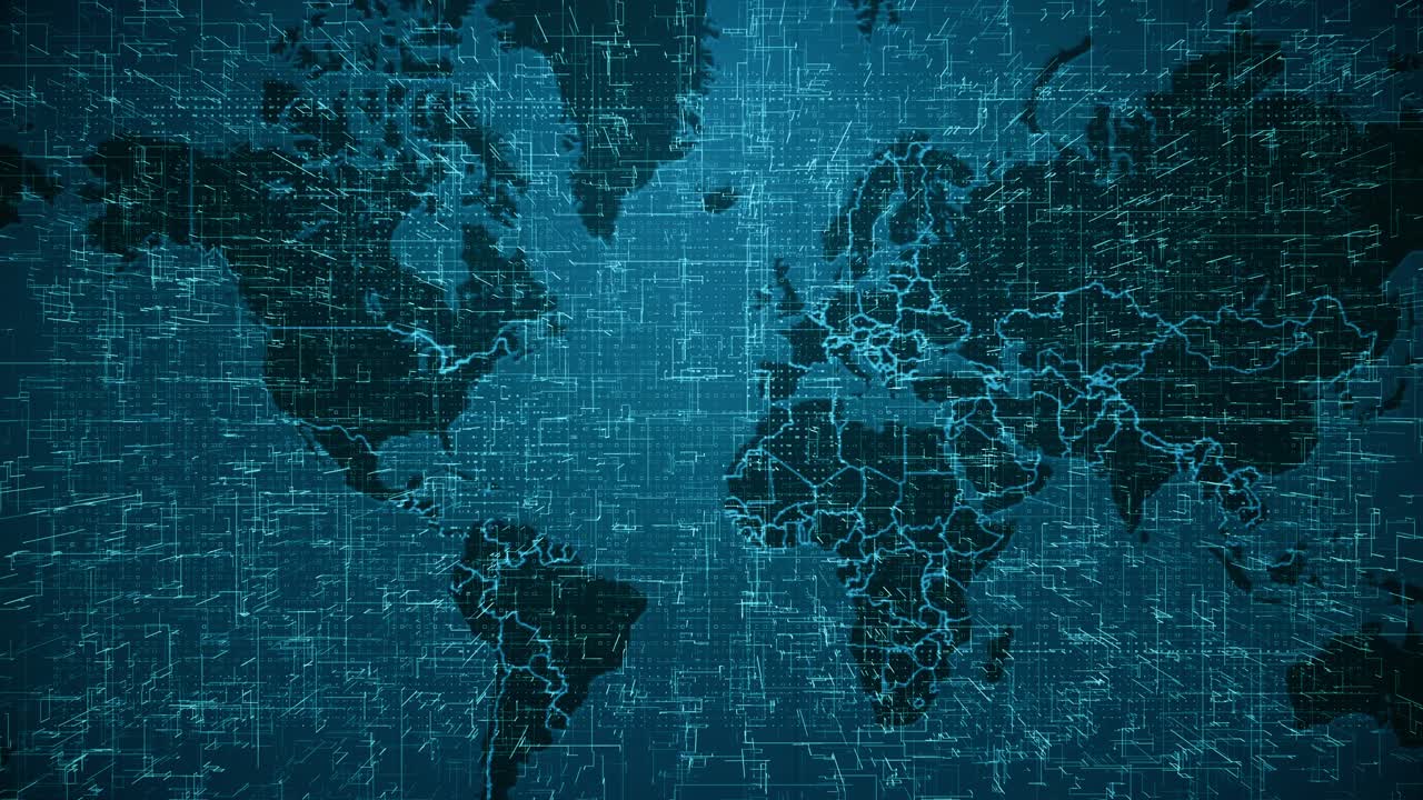 Global Technology Map: Digital World with Blue Circuitry, AI, and Cyber Network for Data and Cloud Computing