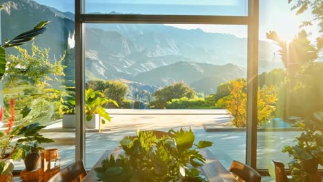 a dining room with a view of the mountains