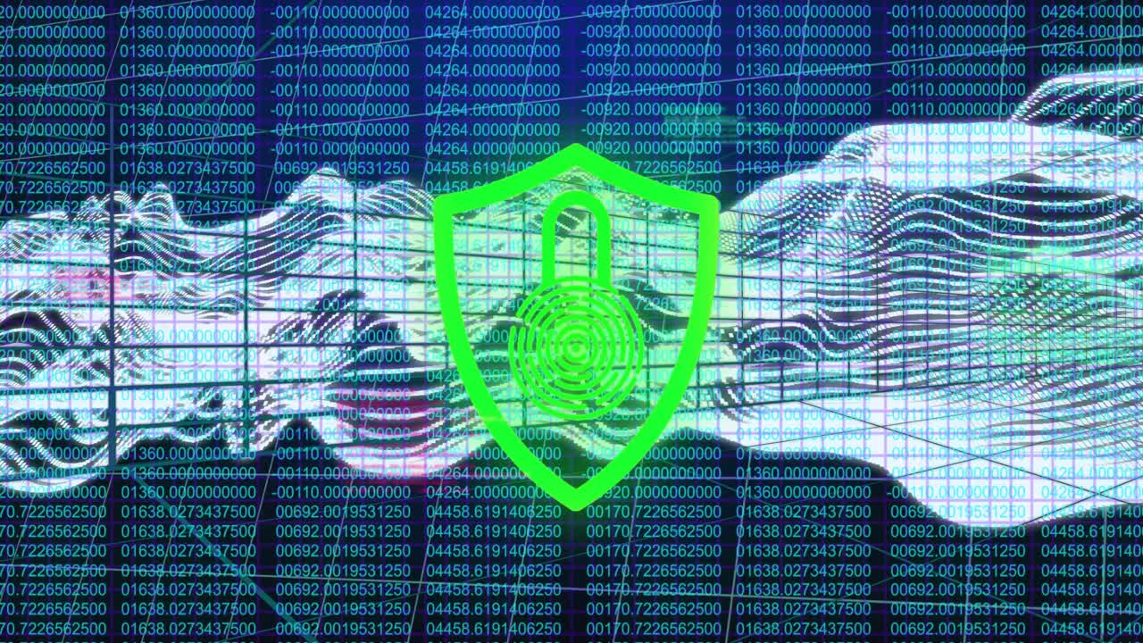 Animated grid sparking shield glowing green switching red while waves streaming showing security