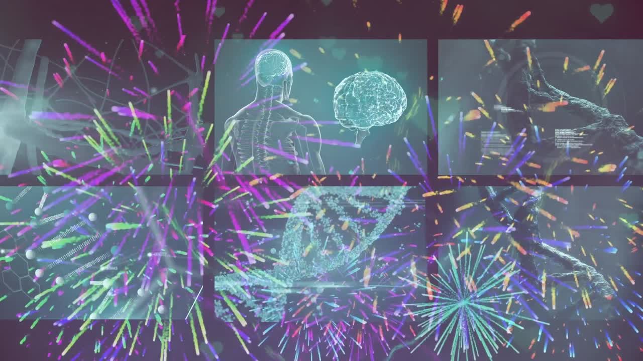 animación de fuegos artificiales sobre pantallas con datos de anatomía humana