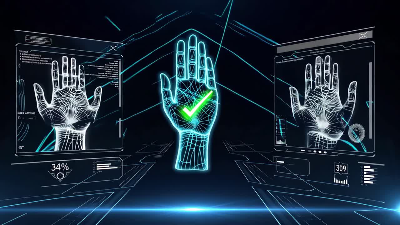 Mano digitale futuristica con segno di spunta per verifica biometrica.