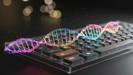 a vibrant representation of dna on a computer keyboard: exploring the intersection of technology and genetics through colorful visualization