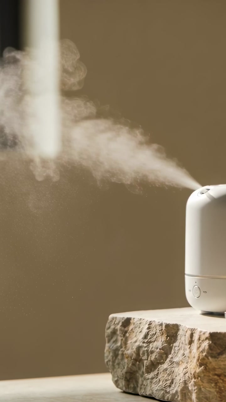 Vertical video: Powering on diffuser emitting mist on stone slab under soft light beam, copy space
