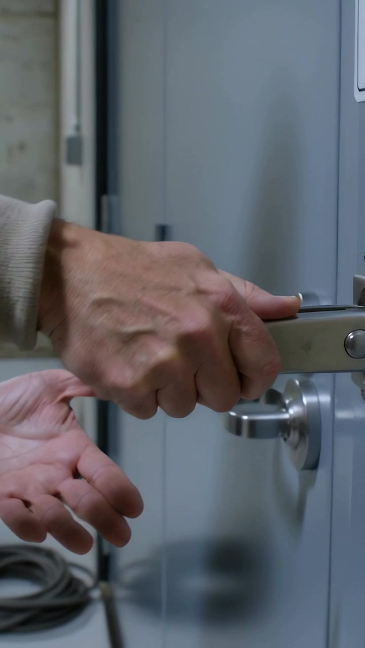 Vertical video: Inserting tool, man in jacket and watch turning latch unlocking door in hall, cable