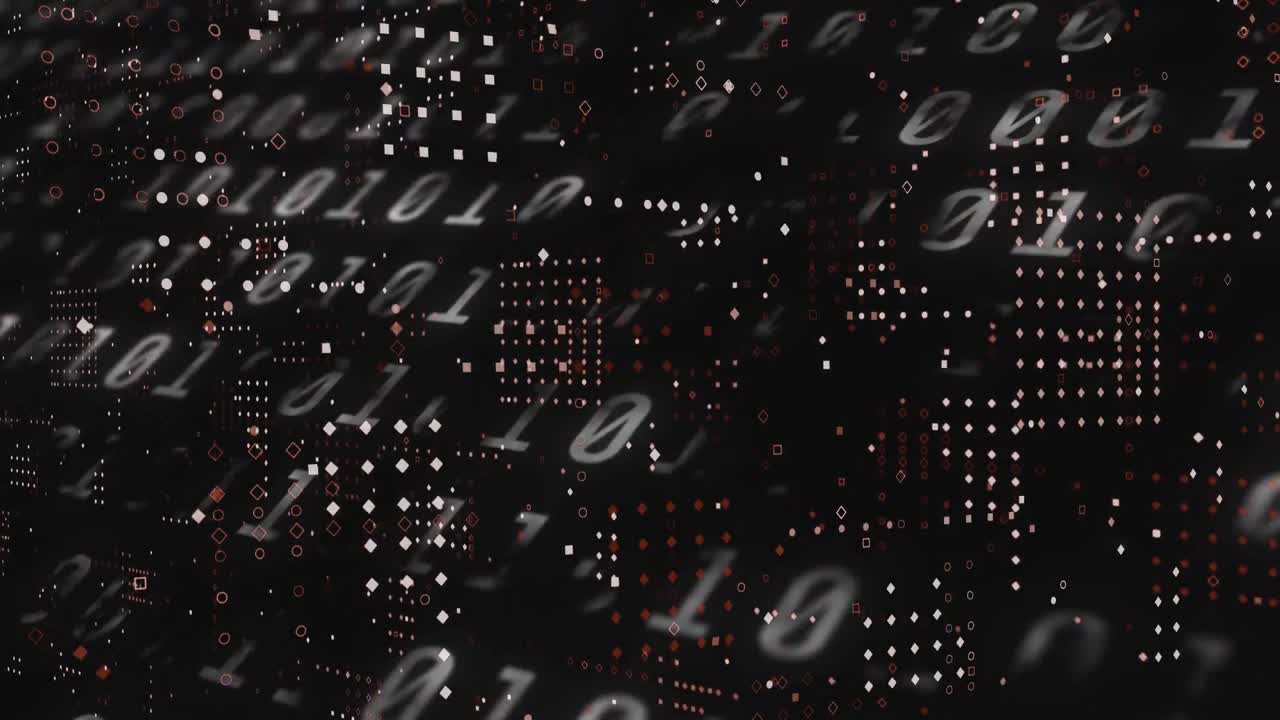 animación digital de múltiples puntos que se mueven contra el procesamiento de datos de codificación binaria en fondo negro