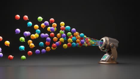colorful projector dispensing multicolored balls in playful display, showcasing a creative device unleashing vibrant spheres into open space