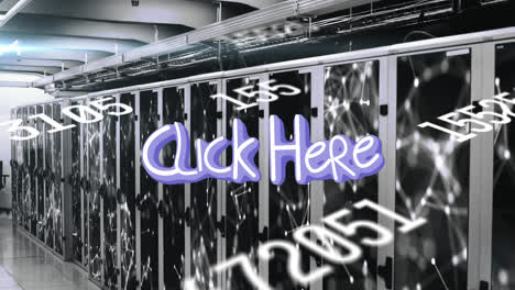 Animation-of-click-here-text-and-data-processing-over-server-room