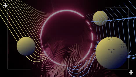 neon pink ring pulsing center, textured yellow green spheres floating against grid and palm leaves