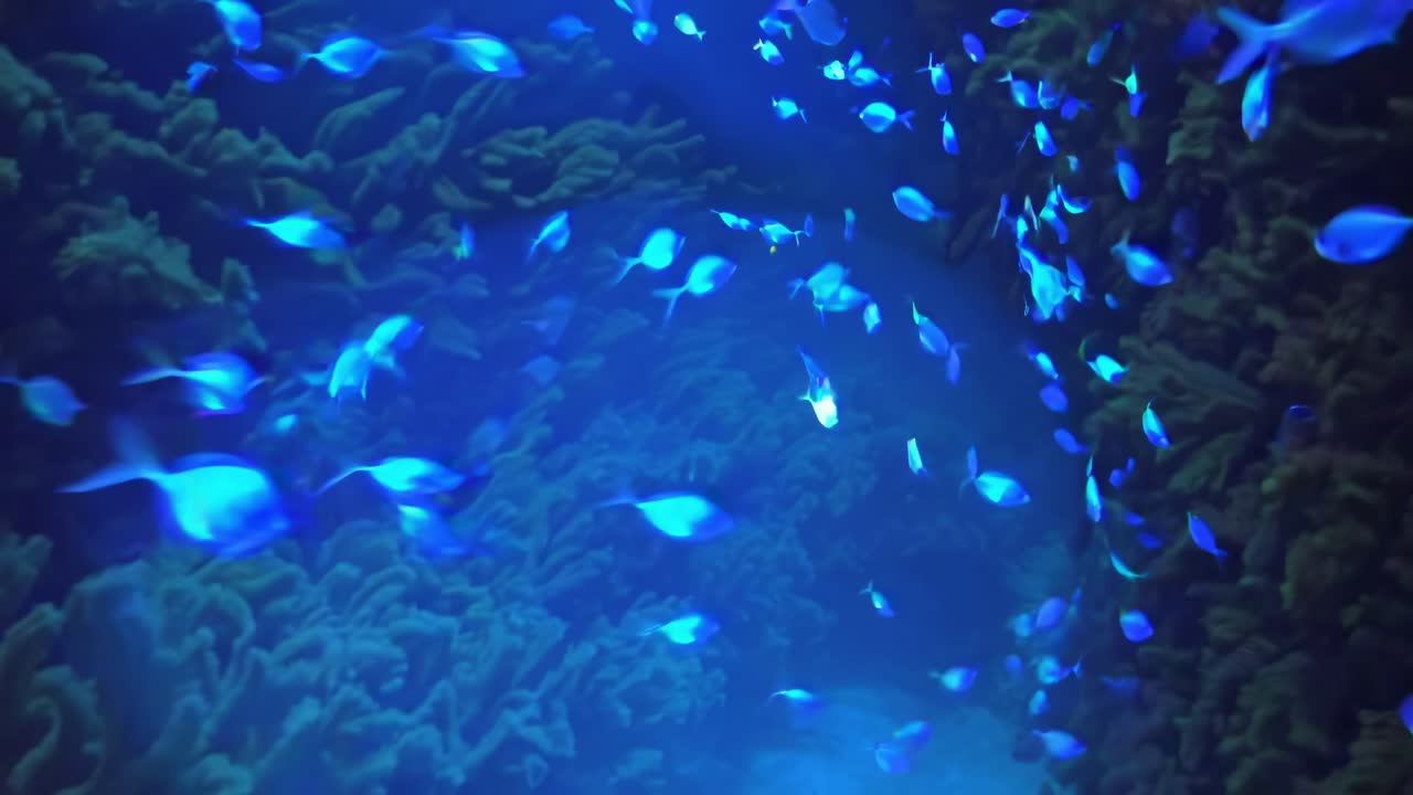 A school of blue fish swimming in a coral reef