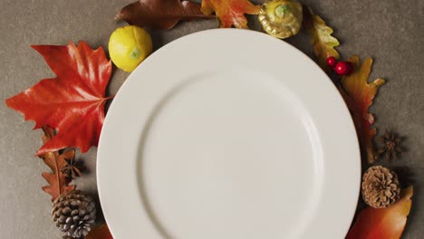 video of plate with autumn leaves and decoration lying on grey surface