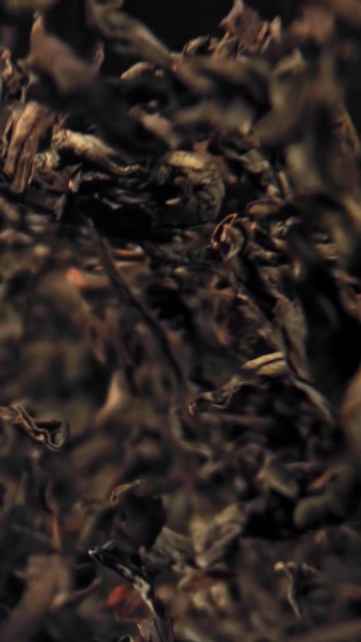 Close-Up of Dried Tea Leaves Falling in Slow Motion