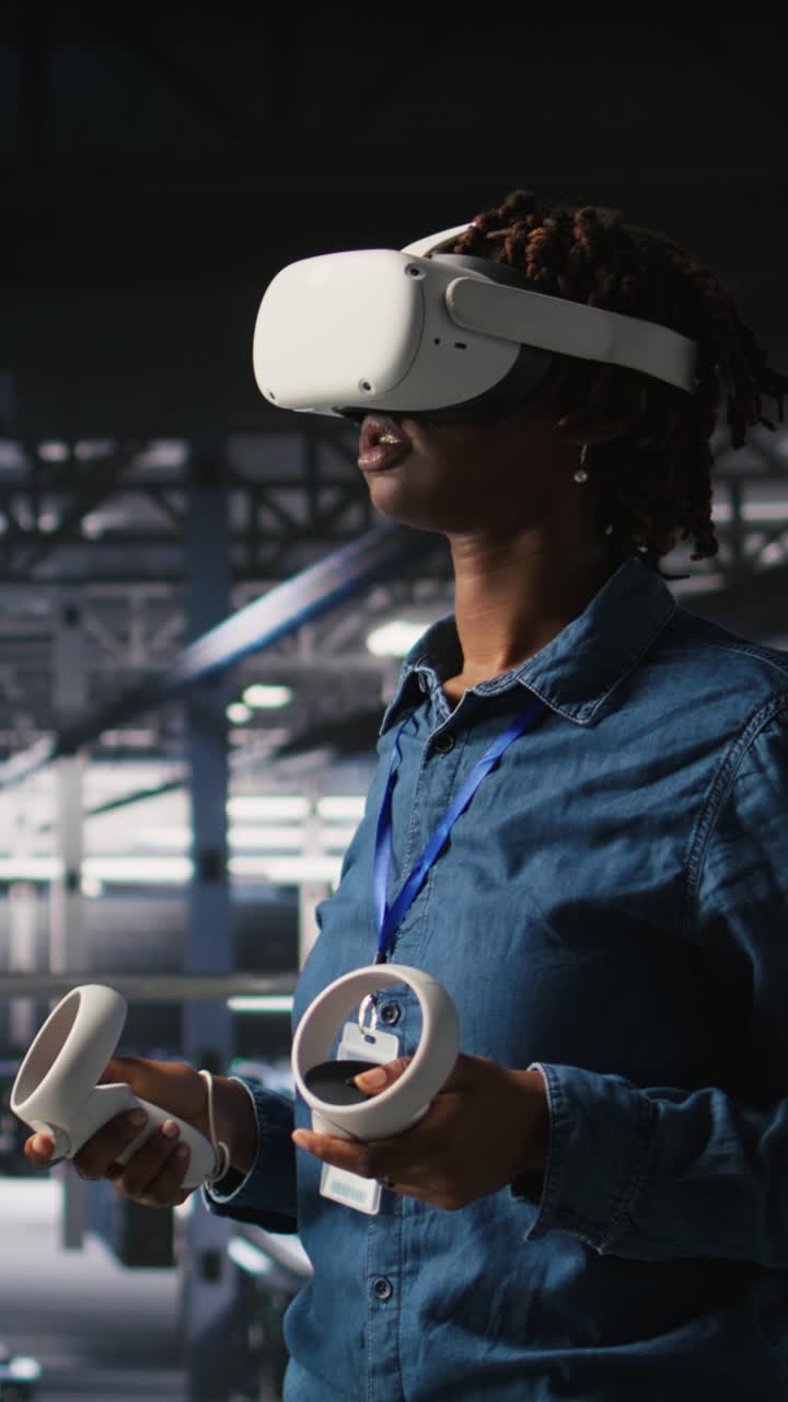Vertical video Data center admin wearing VR headset using artificial intelligence