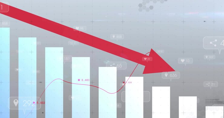 Analytics chart reacting to red arrow entering, aligning arrow and moving trend line, showing drop