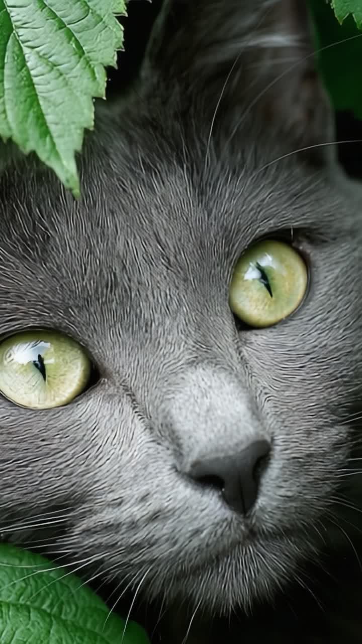 A Captivating Glimpse of a Gray Cat Gazing Through Lush Green Foliage, Showcasing Its Bright Yellow Eyes and Intriguing Expression in Nature's Embrace
