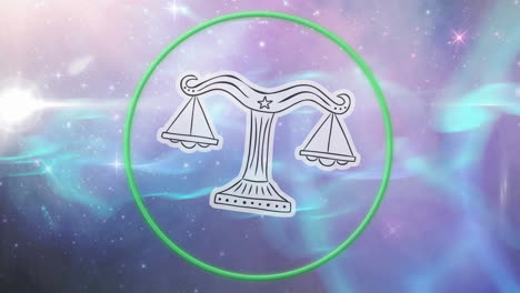 animation von neonkreis und waage über kosmischem hintergrund