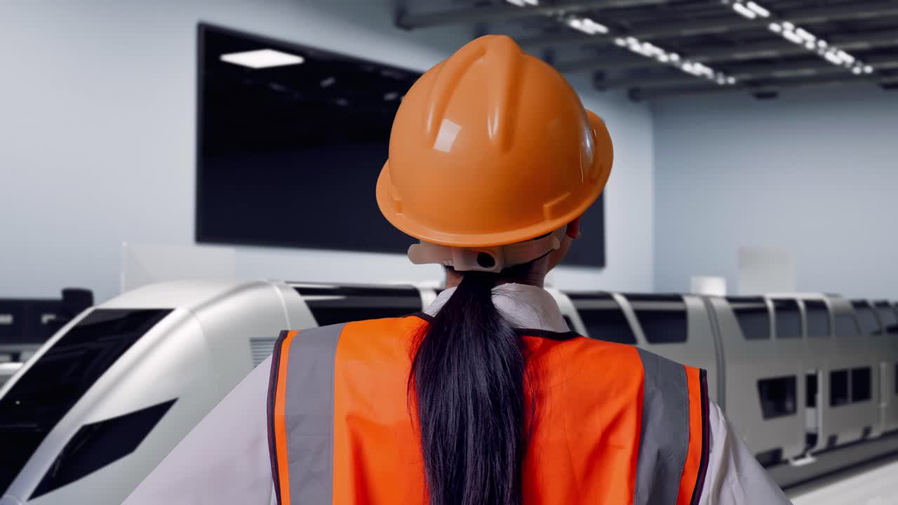 Primo piano da dietro di un'ingegnera con casco di sicurezza che si guarda intorno in piedi con le braccia sui fianchi, treno futuristico ad alta velocità in un moderno centro di collaudo