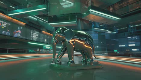 Futuristic chrome elephant statue in modern building interior