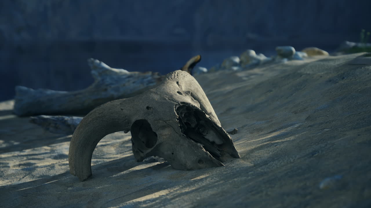Ancient skull resting on sandy shore near calm waters at dusk