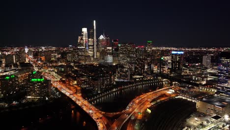 Night View Of Philadelphia Skyline At Philadelphia In Pennsylvania United States. Highrise Buildings Landscape. Night City Scenery. Philadelphia At Pennsylvania United States. Stunning Cityscape