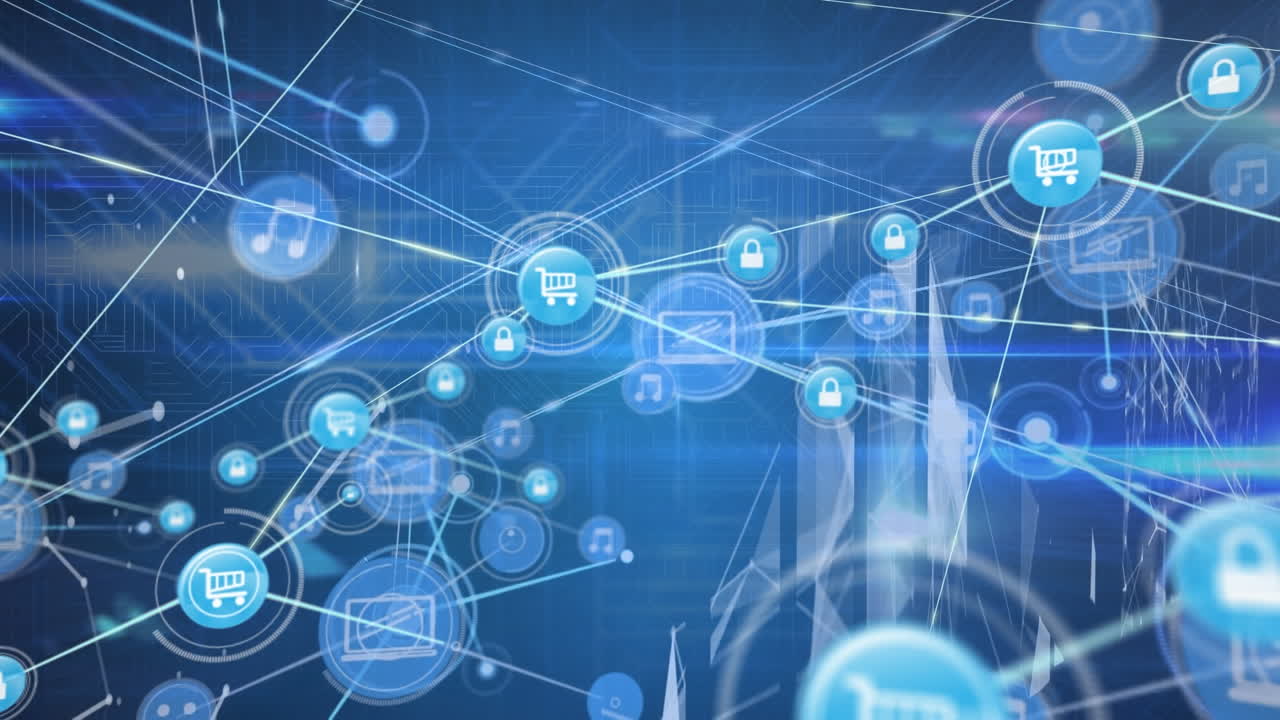 animación de la red de conexiones con iconos y procesamiento de datos a través de servidores informáticos