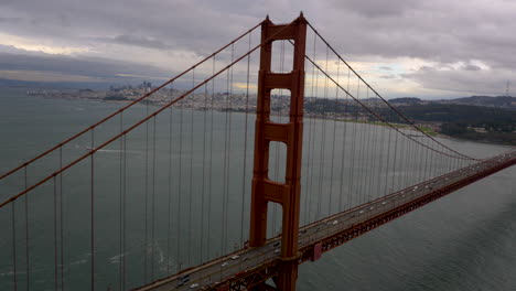 aerial view of the golden gate bridge with traffic and the san francisco skyline