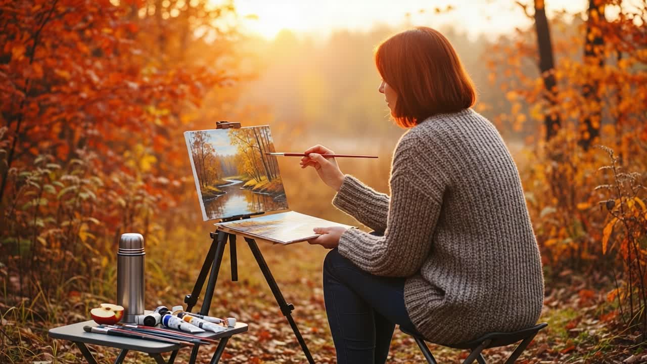 A Serene Autumn Afternoon: An Artist Captures Nature's Beauty in Vibrant Hues While Painting by a Tranquil Stream in the Heart of Fall's Splendor