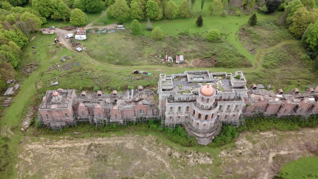 Deserted Ruins of the Abandoned Hamilton Palace in Uckfield, UK, Aerial