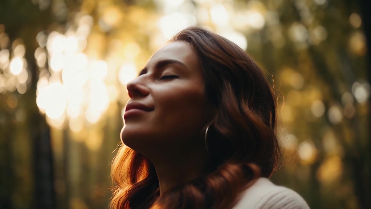 Jovem Mulher Apreciando a Natureza e a Luz do Sol em uma Floresta