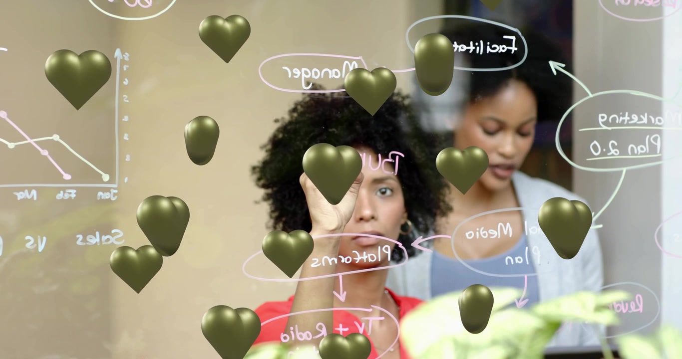 Marketers tapping tablet and writing Platforms on whiteboard building plan with heart overlays