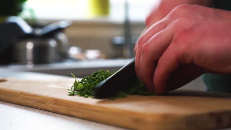 young male chef is chopping parsley on a wooden chopping board, preparing a vegetarian and vegan meal