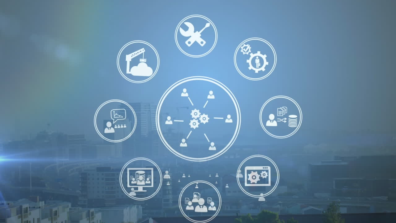 animación de iconos digitales girando y punto de luz azul contra vista aérea del paisaje urbano